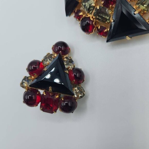 Juliana D & E Round Embellished Brooch & Triangle Clip-on Earrings Set Red - Picture 3 of 13